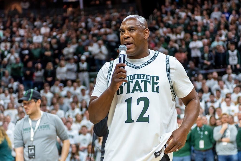 <p>MSU football Head Coach Mel Tucker speaks during a timeout in a basketball game between MSU and Maryland at the Breslin Student Events Center on Feb. 15, 2020. </p>