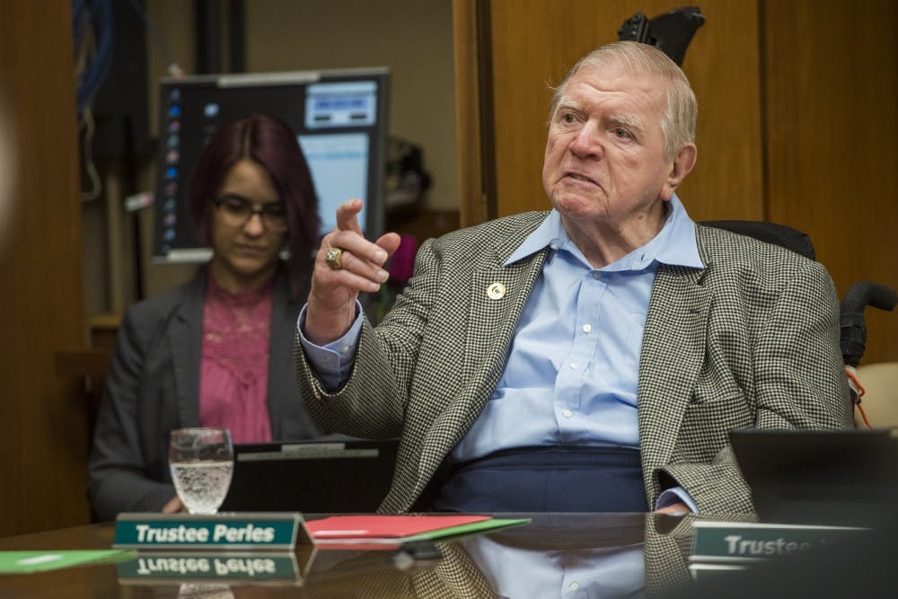 Trustee George Perles speaks during the Board of Trustees meeting on Feb. 16, 2018 at the Hannah Administration Building. (Nic Antaya | The State News)