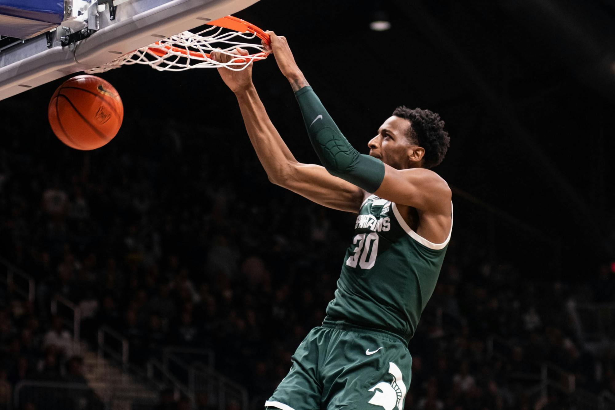 <p>Senior forward Marcus Bingham Jr. (30) makes a basket during the game against Butler on Nov. 17, 2021, at the Hinkler Fieldhouse. The Spartans defeated the Bulldogs 73-52. </p>