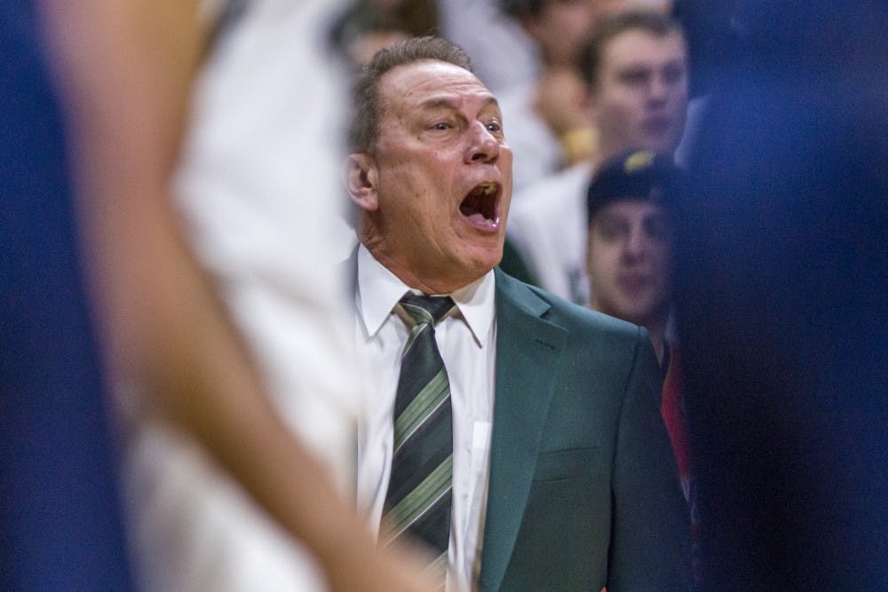 Michigan State’s head coach Tom Izzo expresses emotion during the men's basketball game against Michigan on Jan. 13, 2018 at Breslin Center. The Spartans were defeated by the Wolverines, 82-72. (Nic Antaya | The State News)