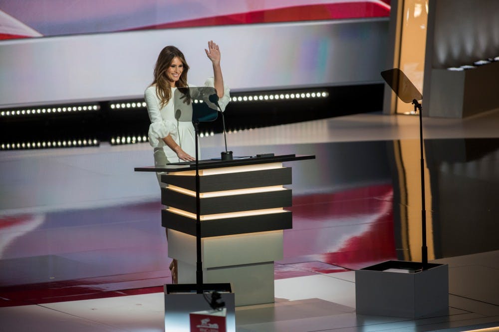 Melania Trump gives a speech at the Republican National Convention on July 18, 2016 at Quicken Loans Arena in Cleveland, Ohio.