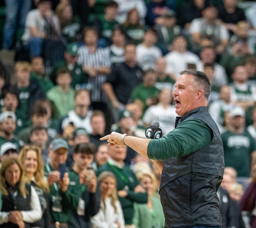 <p>New MSU football head coach Pat Fitzgerald addresses the crowd during the matchup against the University of Iowa at the Breslin Center on Dec. 2, 2025.</p>