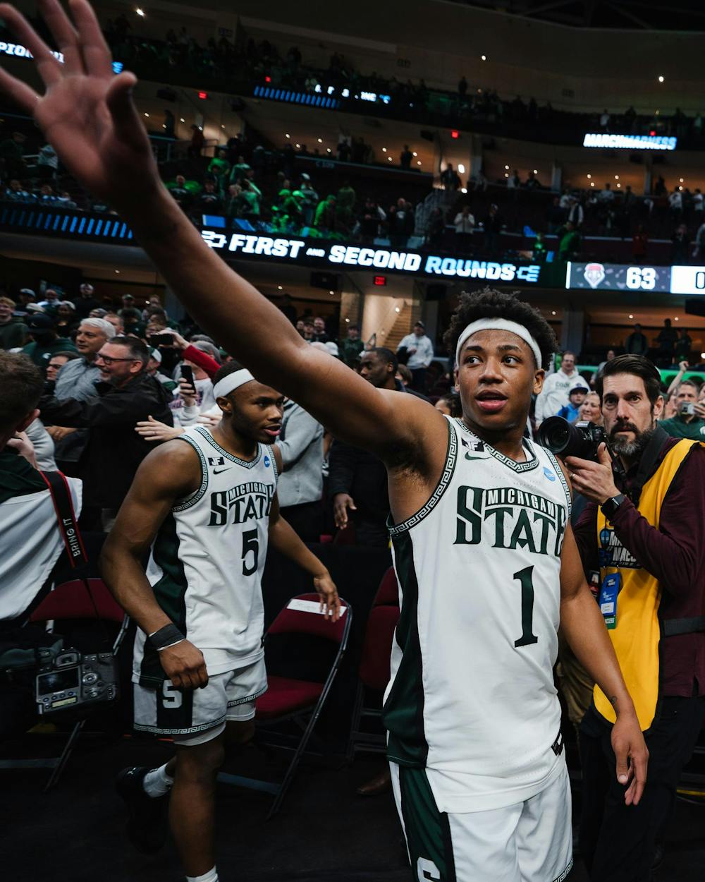 <p>Michigan State redshirt freshman guard Jeremy Fears Jr. (1) salutes the crowd after a win against New Mexico at Rocket Arena in Cleveland on March 23, 2025. The Spartans took down the Lobos 71-63, advancing to the Sweet 16 round of March Madness.</p>
