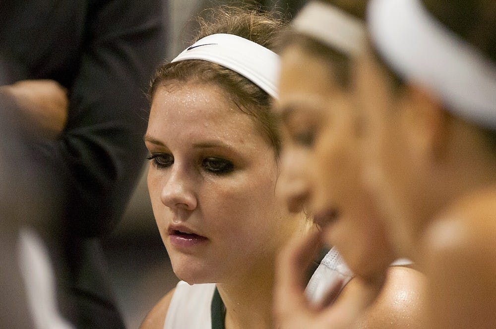 	<p>Freshman guard Tori Jankoska sits with her team during a timeout in the game against Dayton on Nov. 17, 2013, at Breslin Center. <span class="caps">MSU</span> defeated Dayton in overtime, 96-89. Brian Palmer/The State News</p>