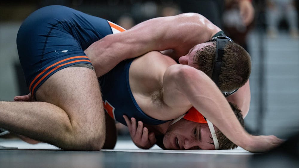 <p>Michigan State’s Kael Wisler (197) tightens his hold on Illinois’ Dylan Connell (197) while working for the pin at Jenison Field House in East Lansing on Friday, Jan. 16, 2026.</p>