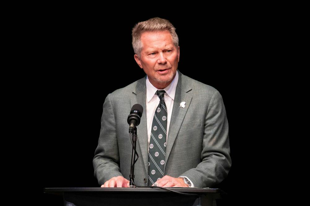 <p>Michigan State University president Kevin M. Guskiewicz introduces A.G. Sulzberger, chairperson and publisher of The New York Times, during the Presidential Speaker Series at the Wharton Center Pasant Theatre in East Lansing, Mich., on Tuesday, Sept. 29, 2026. The New York Times is marking its 175th anniversary in 2026.</p>