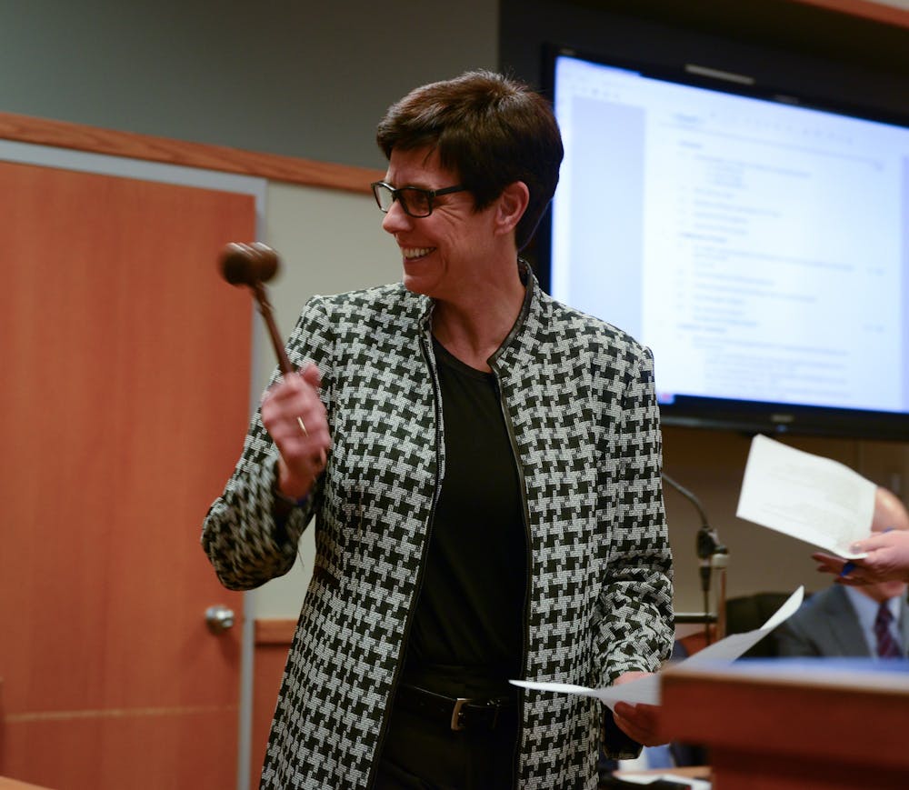 <p>Newly elected East Lansing Mayor Ruth Beier at the East Lansing City Council meeting Nov. 12, 2019.</p>