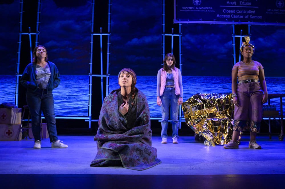 Sophie Zmorrod, who plays Béa, Layla Khoshnoudi, who plays Anoud, Anya Whelan-Smith, who plays Hana and Zamo Mlengana, who plays Zee, in the world premiere of Odyssey from The Acting Company. Photo courtesy of Kevin Berne from Marin Theatre Company.
