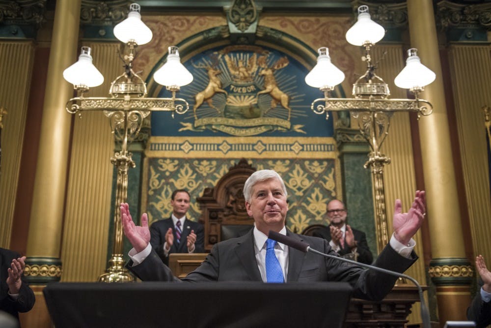 Gov. Rick Snyder addresses the audience during the State of the State Address on Jan. 23, 2018 at the Capitol in Lansing. (Nic Antaya | The State News)