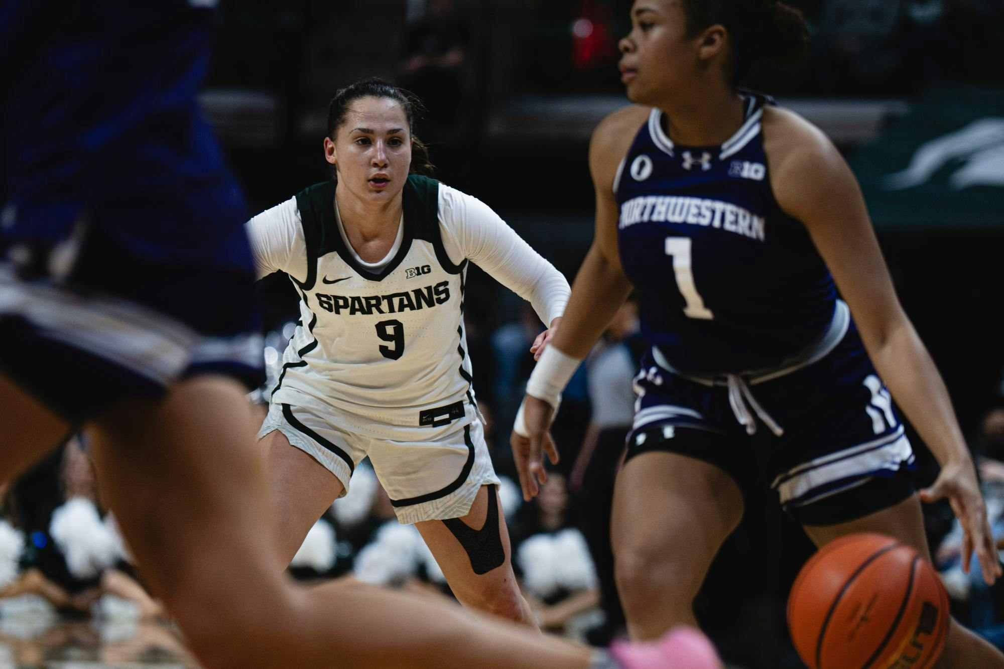 <p>MSU senior forward Sara Sambolić (9) defends Northwestern sophomore guard Xamiya Walton (1) at the Breslin Center in East Lansing, MI, on Feb. 18, 2026.</p>