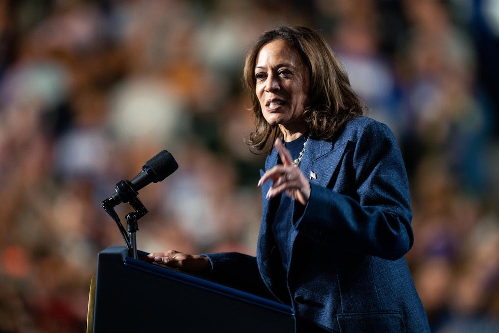 <p>Vice President Kamala Harris speaks at her presidential campaign rally on Michigan State University's campus in East Lansing, Michigan, on Nov. 3, 2024. Vice President Harris' rally at MSU demonstrates this election cycle's focus on young voters and battleground states like Michigan.</p>