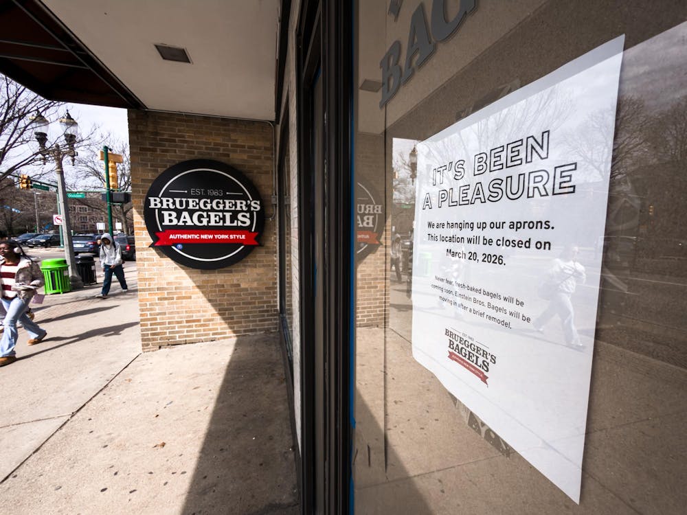 <p>Brueggers Bagels hangs a sign on the front door letting the public know of its closing on Grand River Ave. in East Lansing, MI on March 25, 2026.</p>