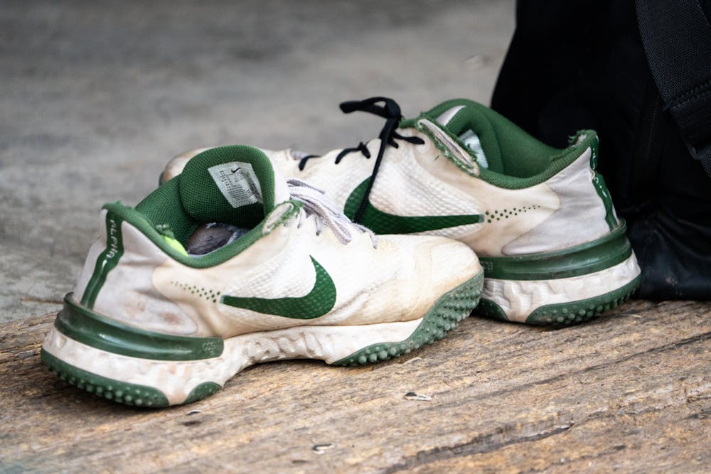 <p>Shoes in the MSU dugout during the Spartans&#x27; matchup versus Notre Dame at Comerica Park, April 26, 2022. </p>