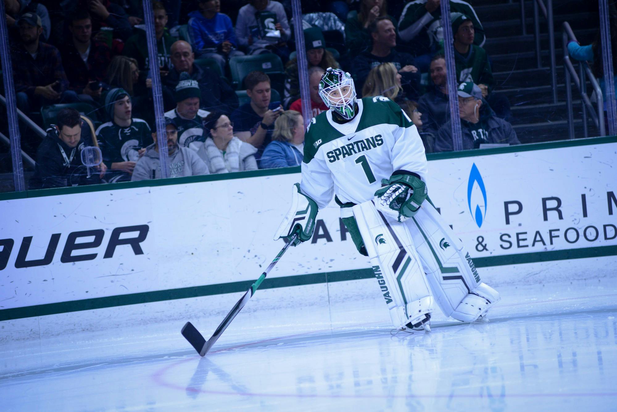 <p>Sophomore goalie Drew DeRidder (1) during the game against Cornell at Munn Ice Arena on Nov. 2, 2019. The Spartans lost to the Big Red, 6-2.</p>