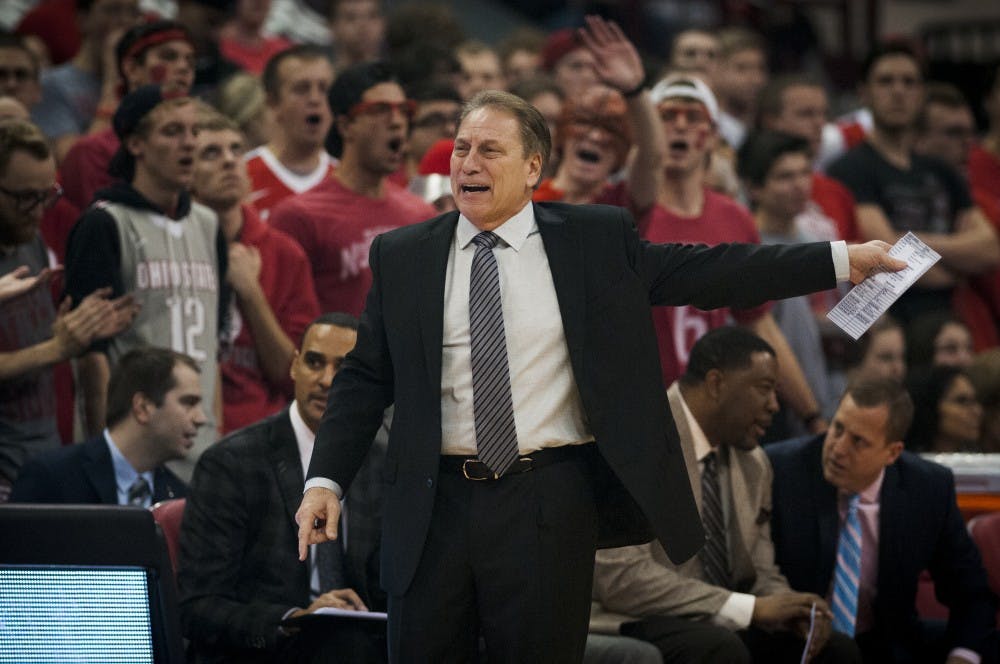 Head Coach Tom Izzo shows emotion during the first half of the men's basketball game against Ohio State on Jan. 15, 2017 at the Jerome Schottenstein Center. The Spartans lost to the Buckeyes, 67-72.