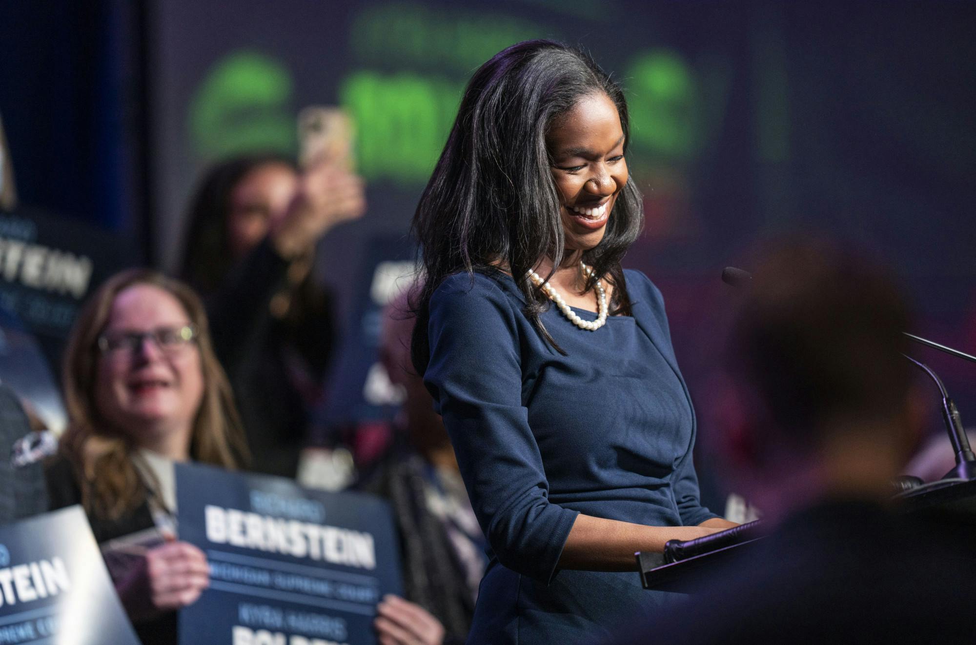 <p>Michigan Supreme Court candidate and current State Rep. Kyra Harris Bolden at the 2022 State Endorsement Convention for the Michigan Democratic Party at the TCF Convention Center. - April 9, 2022</p>