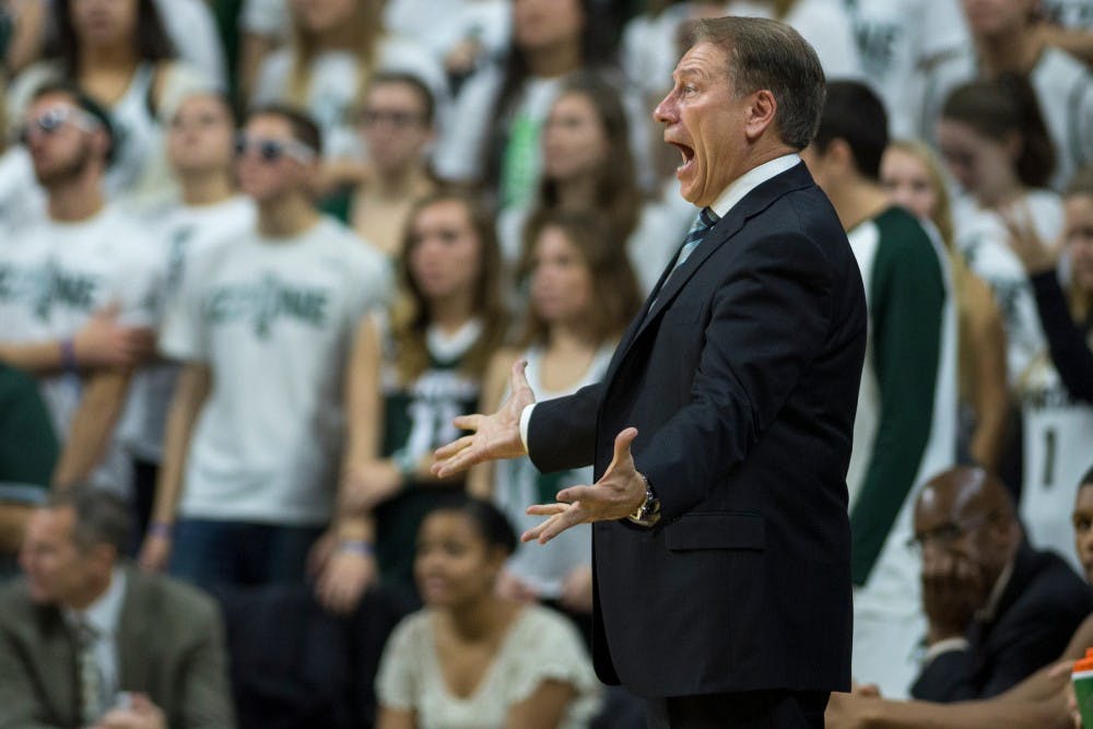 Head coach Tom Izzo yells at a referee during the game against Florida on Dec. 12, 2015 at Breslin Center. The Spartans defeated the Gators, 58-52.