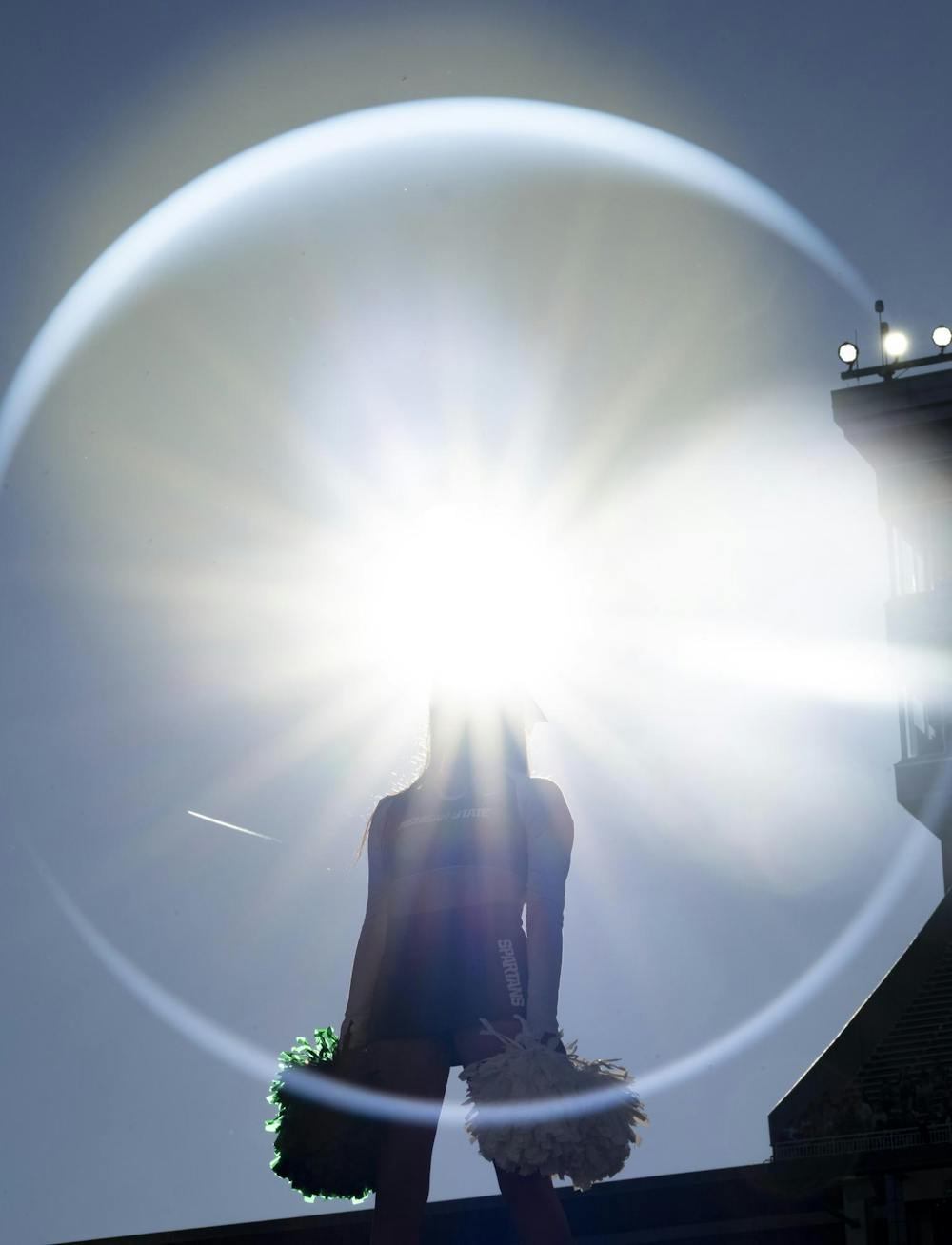 <p>A Michigan State cheerleader performs during the Spartans’ game against Nebraska at Spartan Stadium in East Lansing, Mich., on Saturday, Sept. 26, 2026.</p>