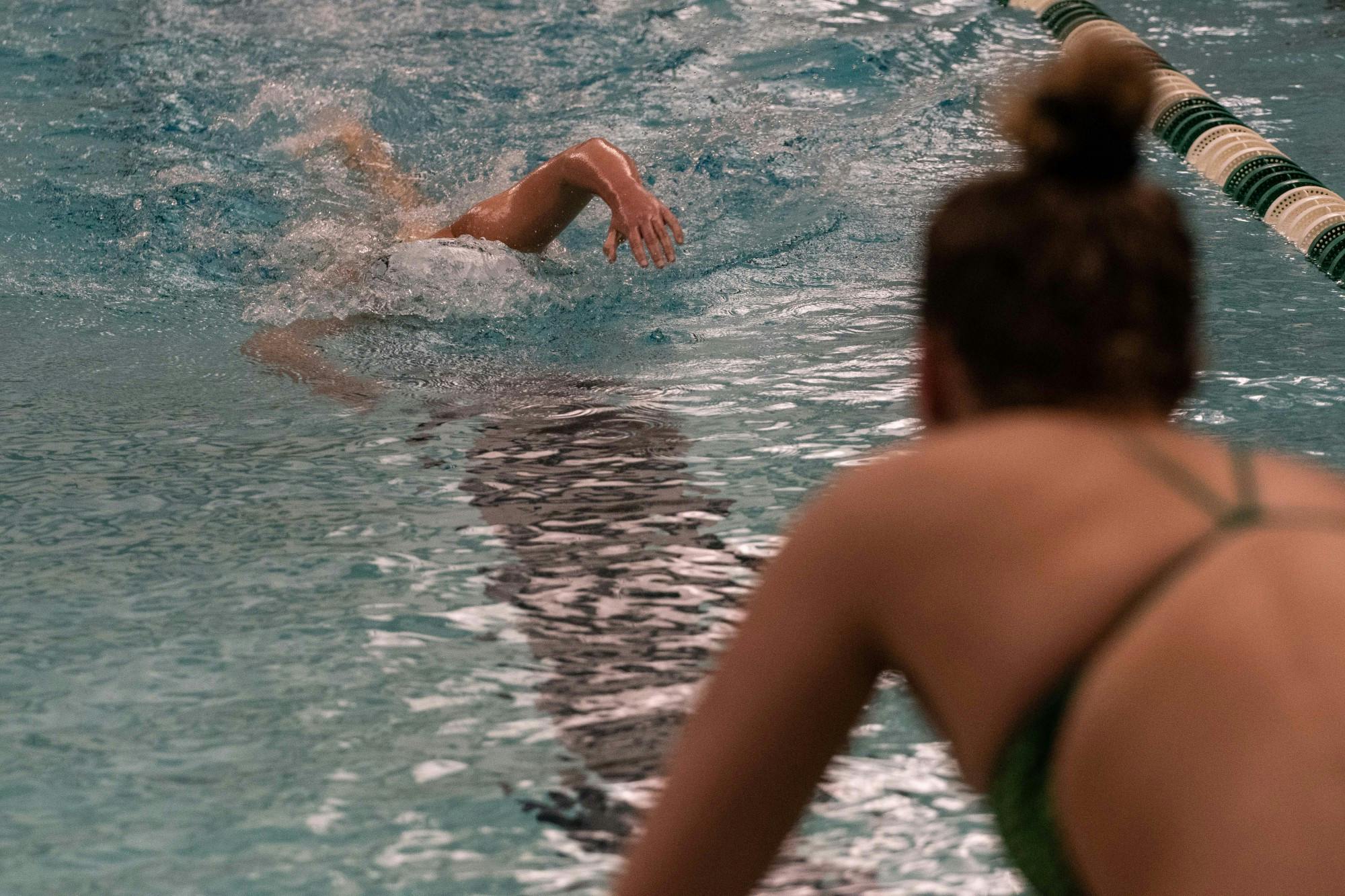 <p>Then-sophomore Lauren Biglin swims during the meet against Cleveland State on Jan. 24, 2020, at McCaffree Pool. The Spartans defeated the Vikings, 163.5-135.5.</p>