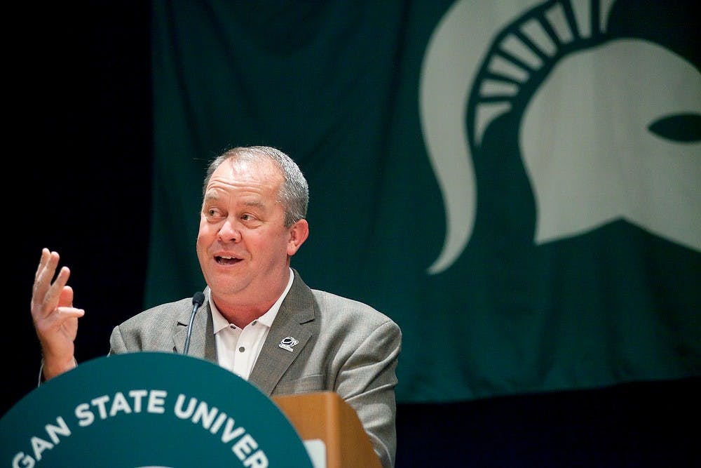 	<p>Athletic director Mark Hollis speaks of the successes of Michigan State athletic programs Thursday night, March 22, 2012, at the Sheraton Phoenix Downtown Hotel in Pheonix, Arizona. A pep rally was held, which brought out alumni to build excitment before men&#8217;s basketball team played Louisville. State News File Photo</p>