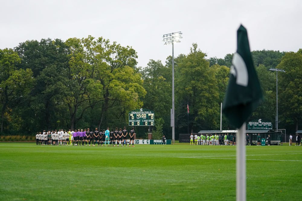 <p>The American National Anthem plays as Michigan State University Men's Soccer prepares to compete against University of Dayton at DeMartin Soccer Complex on Sept. 7, 2023.</p>