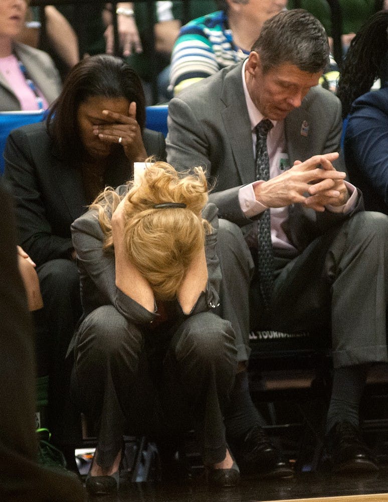 <p>Head coach Suzy Merchant reacts to the game against Nebraska on March 8, 2014, at Bankers Life Fieldhouse in Indianapolis. The Spartans were defeated 86-58, and will not continue on to the Big 10 Championship. Betsy Agosta/The State News</p>