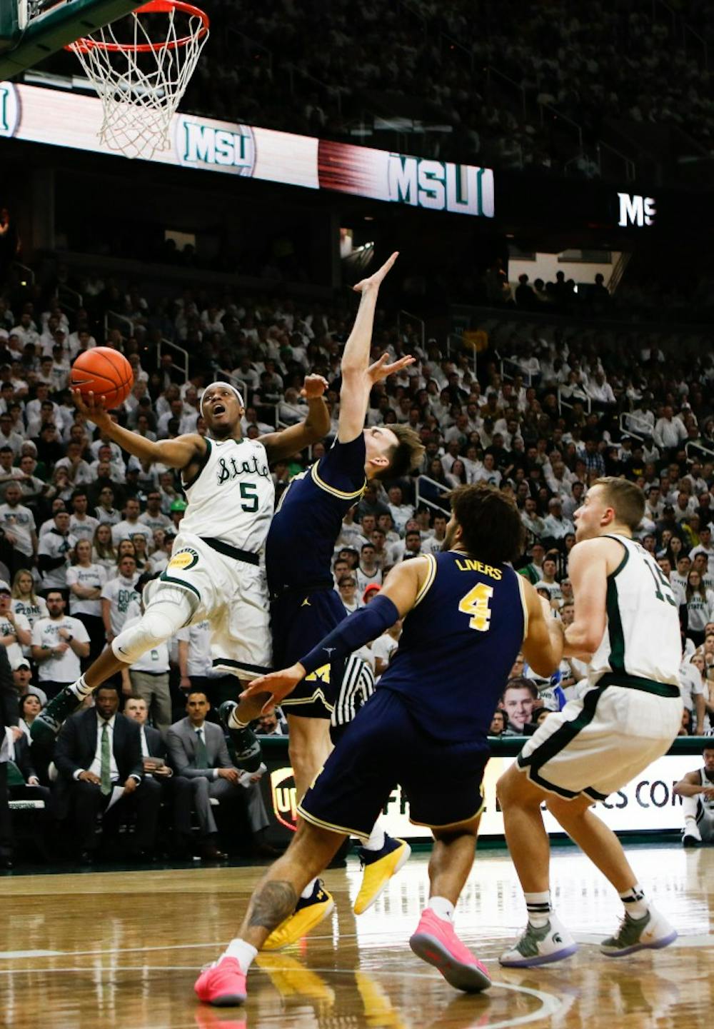 Junior guard Cassius Winston (5) makes a layup during the game against Michigan at Breslin Center March 9, 2019. The Spartans defeated the Wolverines, 75-63.