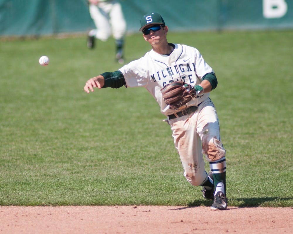 Freshman infielder Royce Ando throws the balls during the game against Rutgers on March 27, 2016 at McLane Stadium. The Spartans defeated the Scarlet Knights, 6-5.