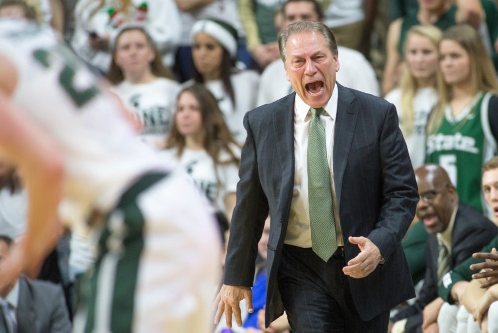 Head coach Tom Izzo yells at his team during the first half of the men's basketball game against Maryland Eastern Shore on Dec. 9, 2015 at the Breslin Center. The Spartans defeated the Hawks, 78-35.