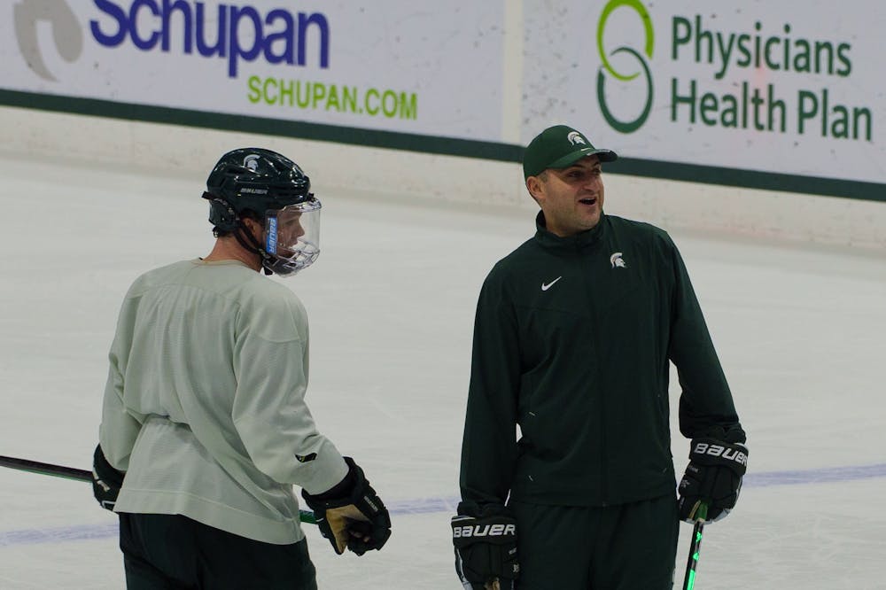 <p>Michigan State Men&#x27;s Hockey Assistant Coach Jared DeMichiel during a practice on Oct. 18, 2022.</p>