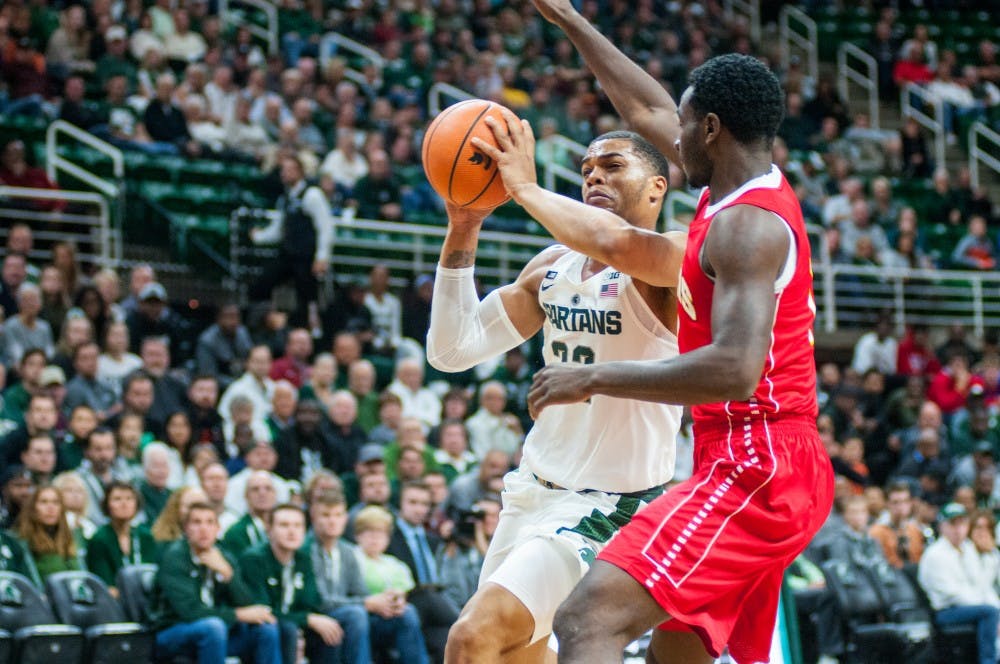 Sophomore forward Miles Bridges (22) drives to the basket during the game against Ferris State on Oct. 26, 2017, at the Breslin Center. The Spartans defeated the Bulldogs, 80-72.