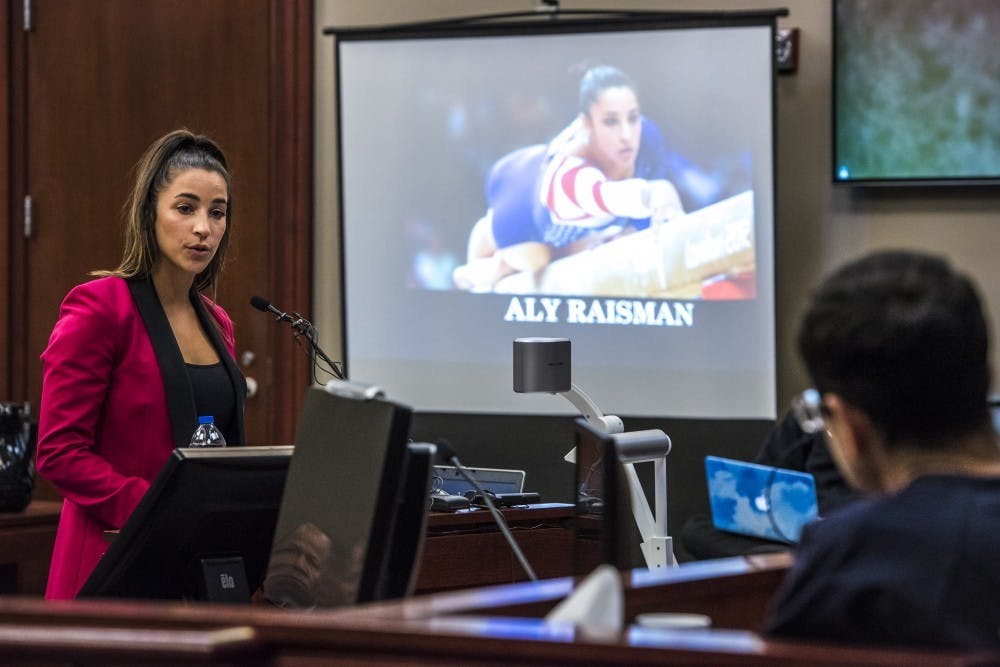 <p>Six-time Olympic medal winner Aly Raisman addresses Ex-MSU and USA Gymnastics Dr. Larry Nassar during her statement on the fourth day of Nassar's sentencing on Jan. 19, 2018 at the Ingham County Circuit Court in Lansing. (Nic Antaya | The State News)</p>