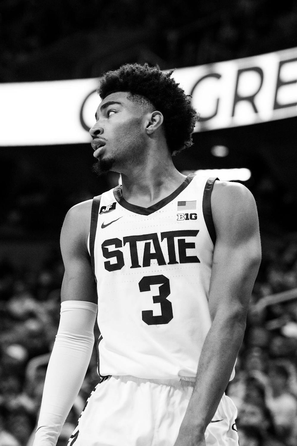 <p>Michigan State senior guard Jaden Akins (3) taking in a view of the game played against the University of Nebraska at the Breslin Center on Dec. 7, 2024.</p>