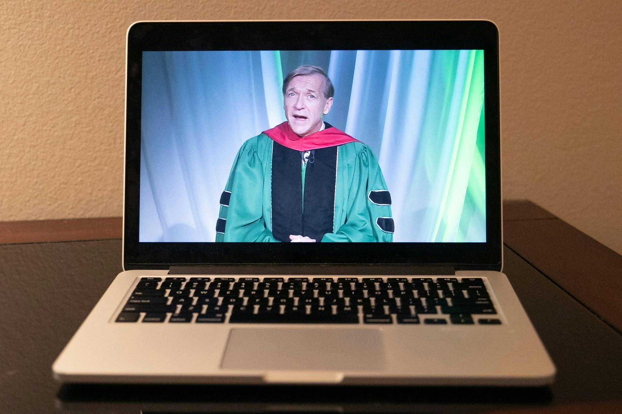 <p>President Samuel L. Stanley Jr. speaks at MSU&#x27;s virtual commencement May 16, 2020.</p>