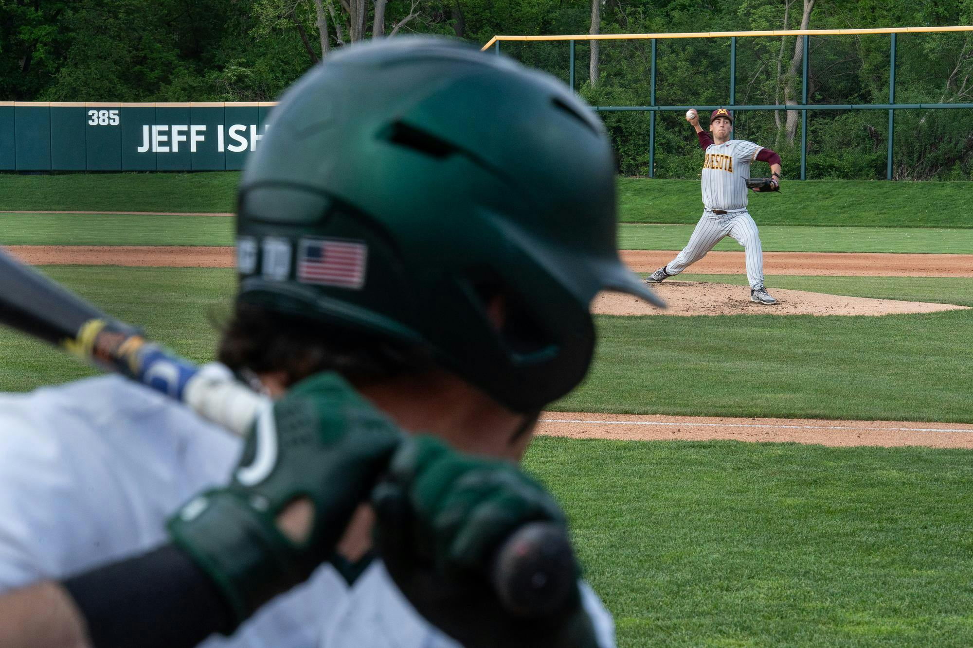 Minnesota junior pitcher Joe Sperry throws the ball against Michigan State at Jeff Ishbia Field in McLane Baseball Stadium in East Lansing, Michigan on May 15, 2025. The Spartans fell to the Gophers 4-3.