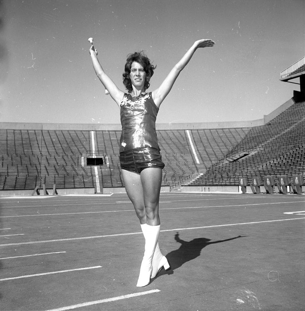 Beth Kaufman, one of the first female band members in 1972, poses for a photo during pre-season. Photo courtesy of MSU Archives