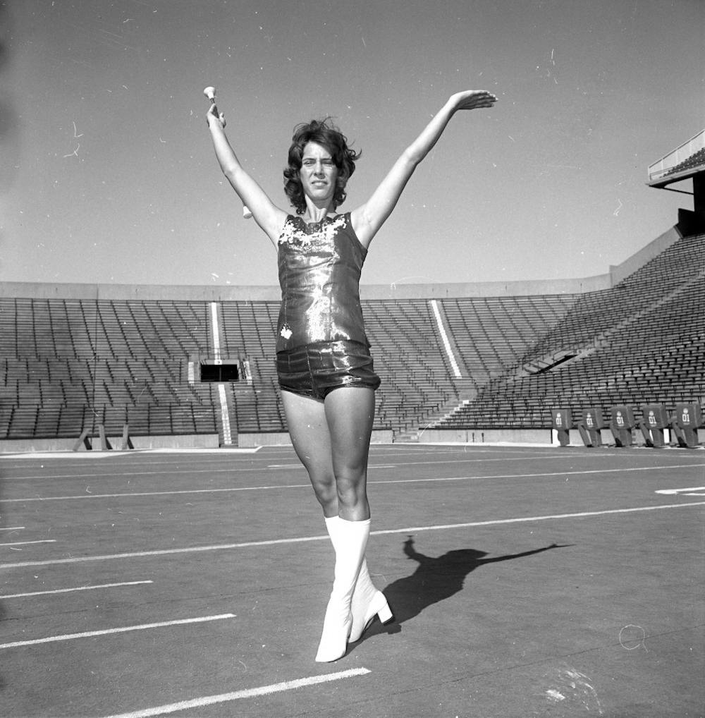 Beth Kaufman, one of the first female band members in 1972, poses for a photo during pre-season. Photo courtesy of MSU Archives