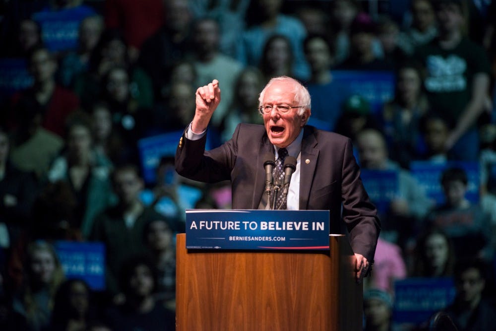 Presidential candidate and Vermont Sen. Bernie Sanders speaks during a rally on March 2, 2016 at Breslin Center.