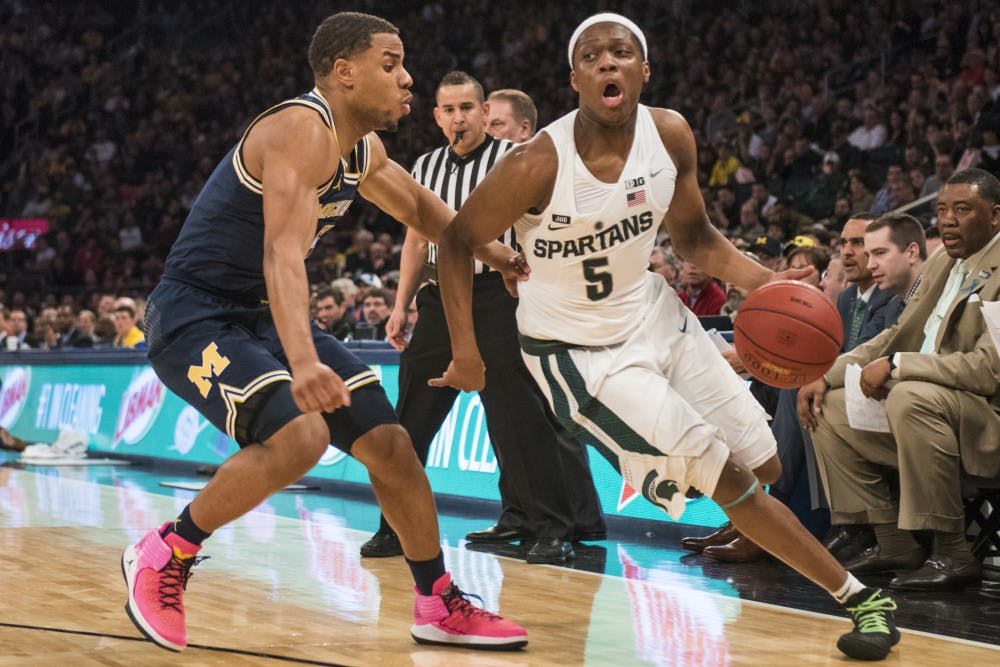Sophomore guard Cassius Winston (5) drives the ball towards the net during the second half of the 2018 Big Ten Men's Basketball semifinal game against Michigan on March 3, 2018 at Madison Square Garden in New York. The Spartans were defeated by the Wolverines, 75-64. (Nic Antaya | The State News)