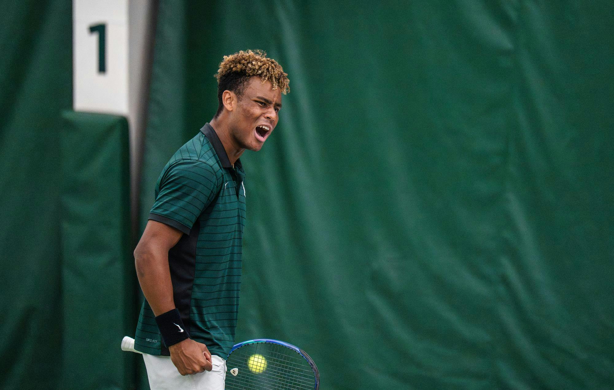 <p>Matthew Forbes, a sophomore on the Michigan State men’s tennis team, scores a point against Purdue sophomore Nour Fathalla during a singles match at the MSU Tennis Center in Lansing, Mich., Sunday, April 19, 2026.</p>