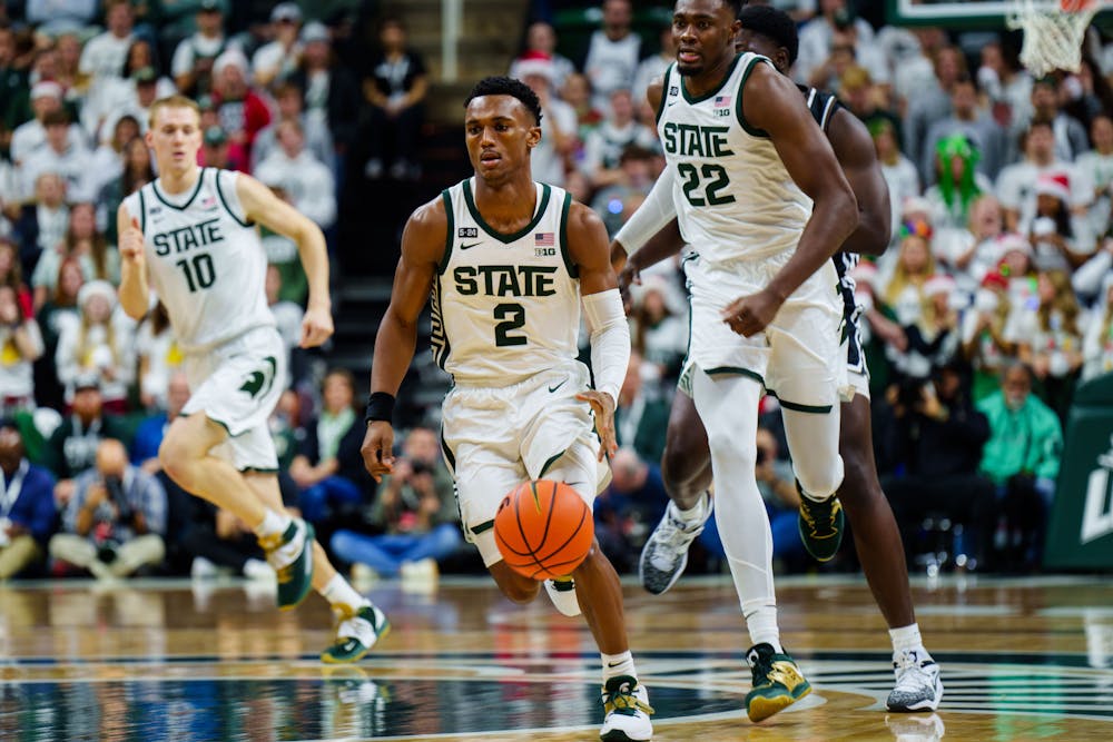 Senior guard Tyson Walker (2) runs with the ball during a game against Brown, held at the Breslin Center on Dec. 10, 2022. The Spartans defeated the Bears 68-50.