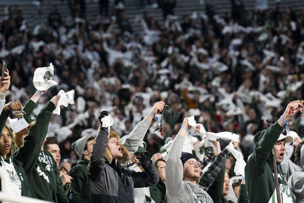 <p>MSU fans in the student section during the game against Wisconsin on October 15, 2022. The Spartans beat the Badgers 34 to 28.</p>