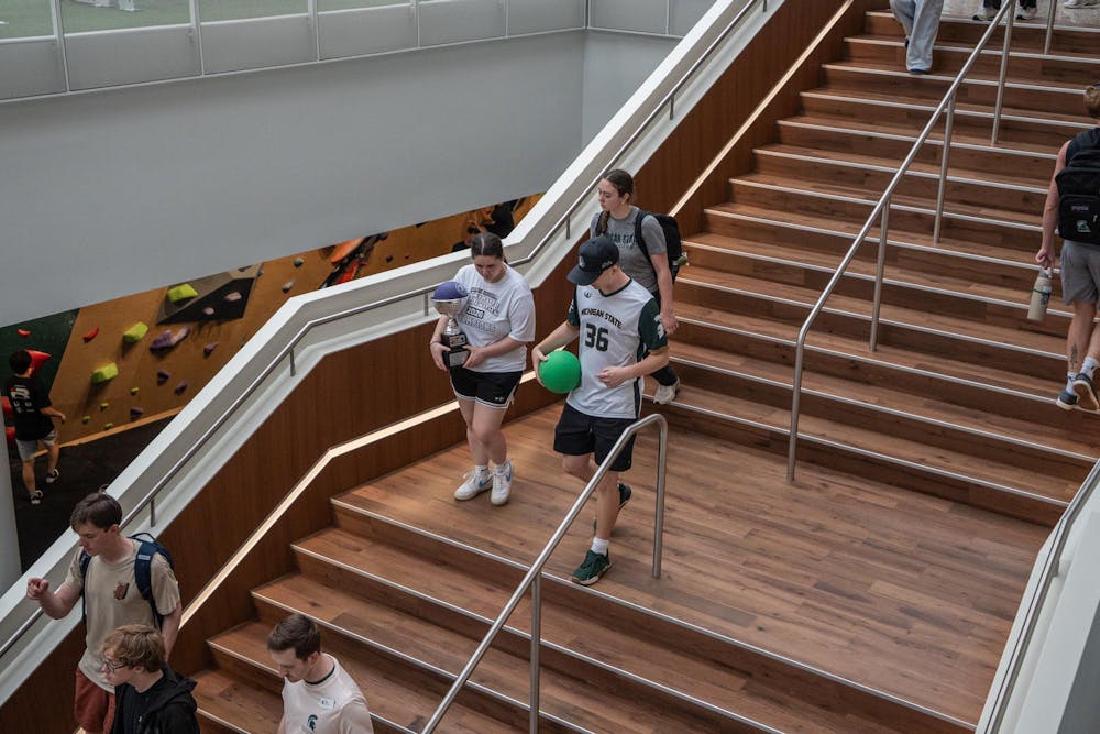 <p>Michigan State University dodgeball team players explore the new Student Recreation and Wellness Center in East Lansing, MI on April 15, 2026.</p>