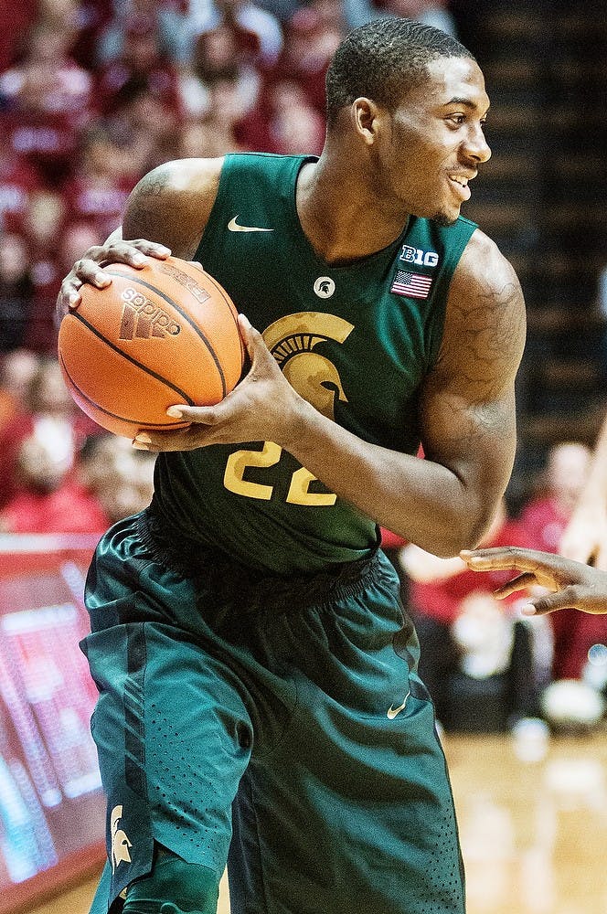 	<p>Sophomore forward Branden Dawson smiles after collecting a pass Sunday, Jan. 27, 2013, at Assembly Hall in Bloomington, Ind. Indiana defeated the Spartans, 75-70, giving <span class="caps">MSU</span> its second loss in the Big Ten. Adam Toolin/The State News</p>