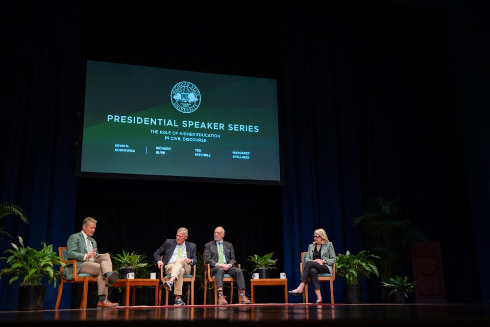 Michigan State University hosts the first Presidential Speaker Series as President Kevin M. Guskiewicz moderates a discussion with Richard Burr, principal policy adviser at DLA Piper and former U.S. senator from North Carolina, Ted Mitchell, president of the American Council on Education and former U.S. under secretary of education, and Margaret Spellings, president and CEO of the Bipartisan Policy Center and former U.S. secretary of education, at the Wharton Center for Performing Arts on Michigan State University’s campus in East Lansing, Mich., on Tuesday, March 17, 2026.