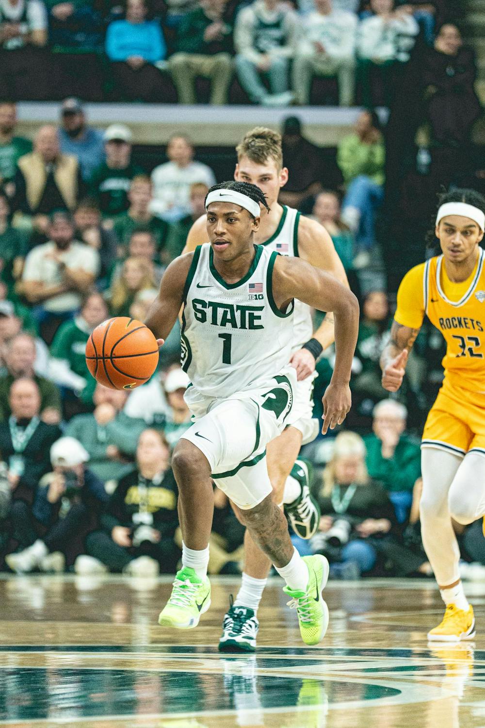 <p>MSU red shirt sophomore and guard, Jeremy Fears Jr. (1) sprints down the court with the ball as Toledo players follow behind him during the MSU versus Toledo match up at the Breslin Center in East Lansing, Michigan on Tuesday, Dec. 16, 2025.</p>