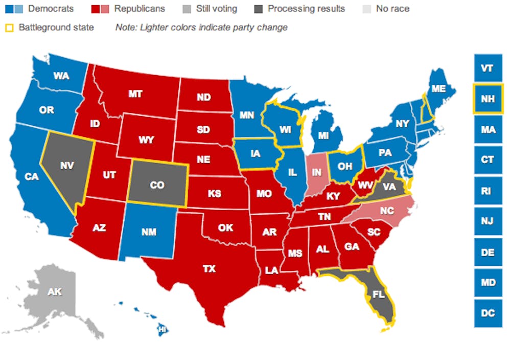 	<p>As of 11:30 p.m., the electoral college map — <a href="http://www.cnn.com/election/2012/results/race/president?hpt=elec_racenav">according to <span class="caps">CNN</span></a>.</p>