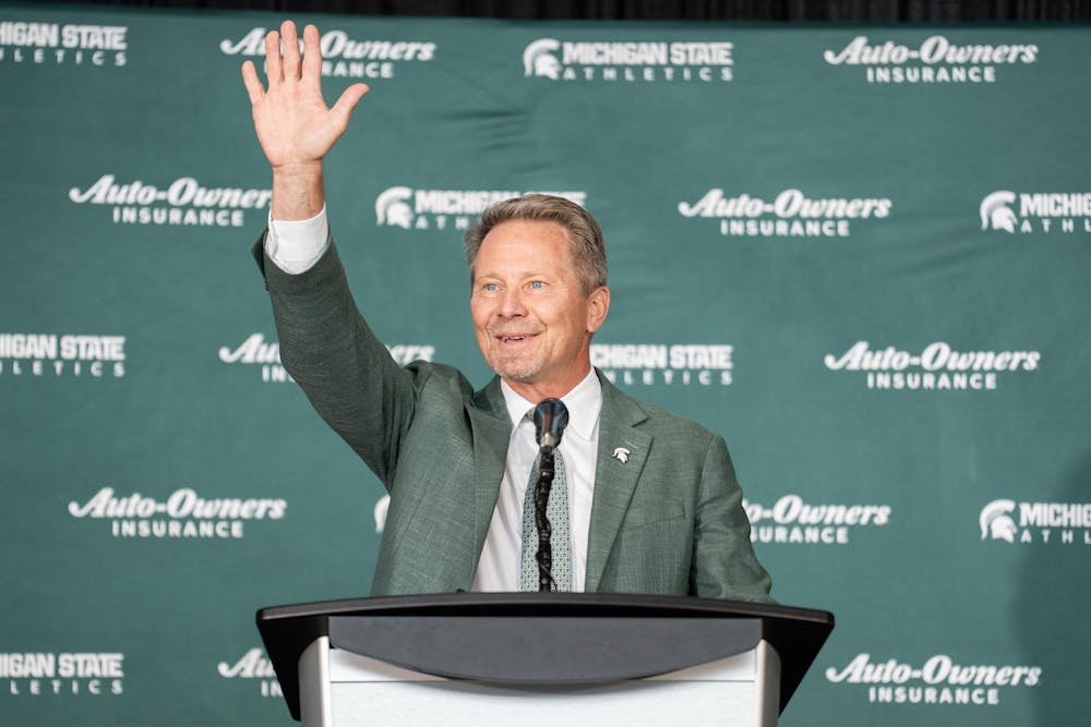<p>President Kevin Guskiewicz acknowledges the audience at a press conference introducing Michigan State University's new vice president and athletic director, Dan Bartholomae, at the Breslin Center in East Lansing, Mich., on Aug. 19, 2026.</p>