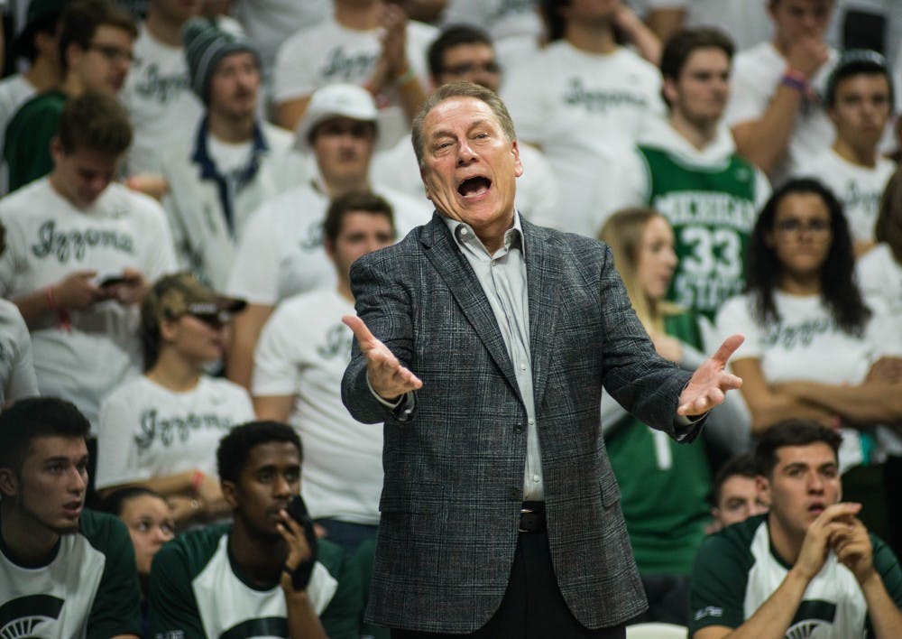 Head coach Tom Izzo yells at the referee during the game against Northern Michigan at Breslin Center on Oct. 30, 2018. The Spartans defeated the Wildcats, 93-47.