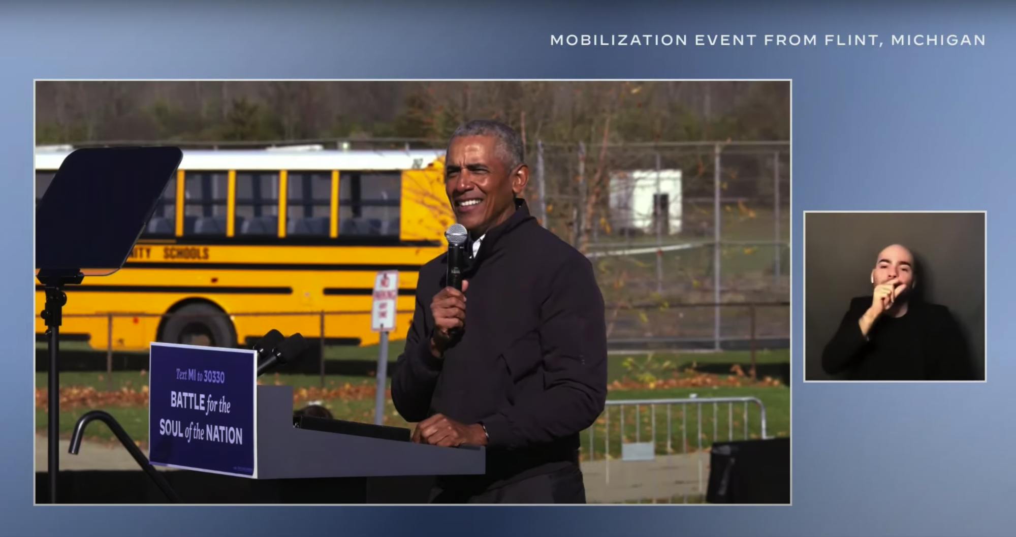 <p>Former president Barack Obama speaks at a drive-in campaign event with interpreter for Democratic nominee Joe Biden Oct. 31, 2020.</p>